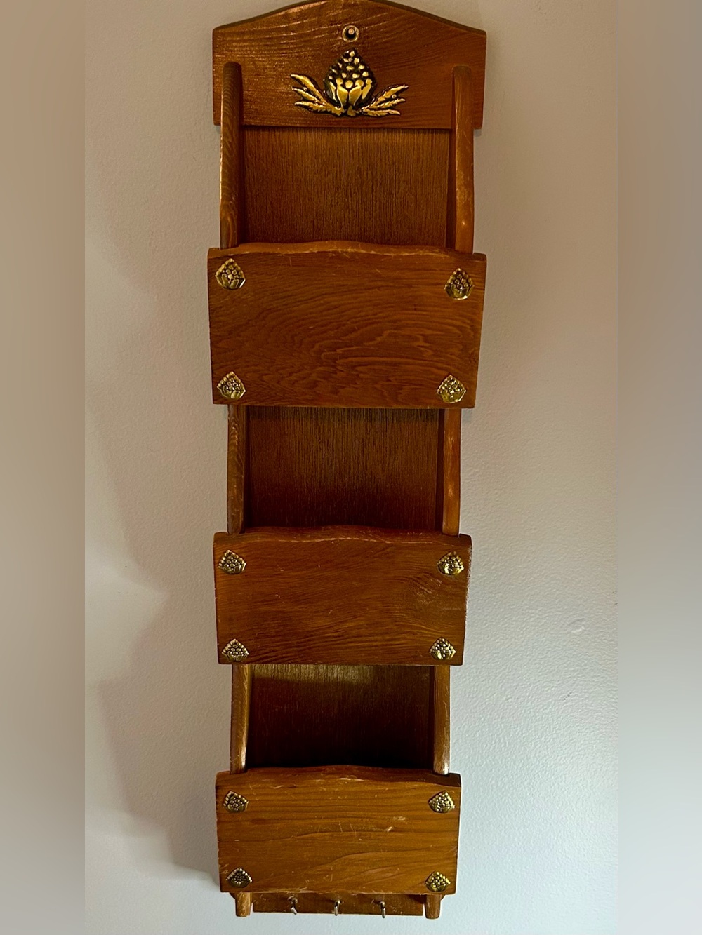 Vintage Wood Wall Mail Organizer with Key Hooks Rustic Country Decor